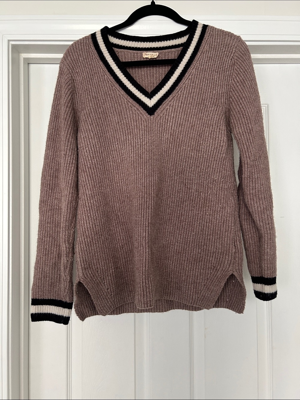 Hem & Thread Dusty Mauve Ribbed V-Neck Sweater with Black and Cream Stripes